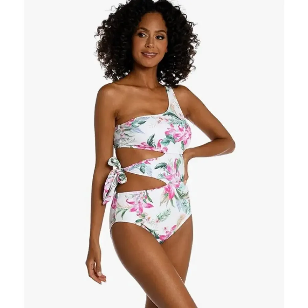 La Blanca Cutout Shoulder One Piece Swimsuit Mystic Palms NEW size 12
